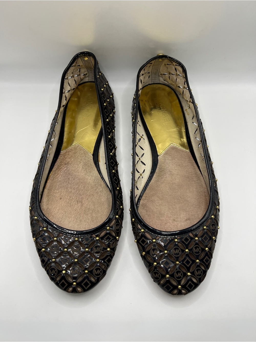 Michael Kors Laser Cut Perforated Black Metallic Logo Ballet Flats S 8.5 leather